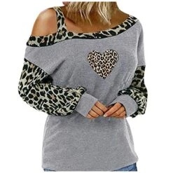 Meikosks Womens Off Shoulder Long Sleeve Tops Leopard Stitching T-Shirt Fashion Printed Blouses