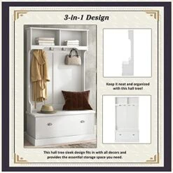 LUMISOL Hall Tree With Storage Bench For Entryway Livingroom Hallway 3-in-1 Design With Shelves Cabinet And 4 Hooks (White-with Lidded Door) -Safavieh Furniture 51kmUD6SrUS