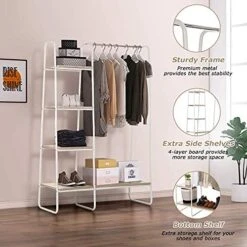 AKSG Clothing Rack Garment Rack With Shelves Wardrobe Rack Freestanding Closet Racks With Metal Hanger Rod And 4-tier Wood Shelves Heavy Duty Clothes Rack For Bedroom Living Room Entryway White