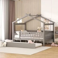 DEINPPA Full House Bed With Trundle, Kids Bed With Fence Guardrails, Wood Bed Frame, Decorative Roof Designs, No Box Spring Needed, For Boys Girls Toddler Kids-Walnut 25 DEINPPA Full House Bed With Trundle, Kids Bed With Fence Guardrails, Wood Bed Frame, Decorative Roof Designs, No Box Spring Needed, For Boys Girls Toddler Kids-Walnut -Safavieh Furniture 51ko86HKS8L. AC