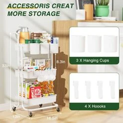 LEHOM 3-Tier Rolling Utility Cart With Hanging Cups & Hooks & Handle, Multifunctional Art Cart Organizer Storage With Wheels, Easy Assembly For Office, Bedroom, Kitchen, Bathroom, Laundry (White) -Safavieh Furniture 51ksSrfpwkL