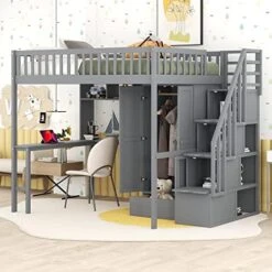Twin Loft Bed With Stairs, Kids Low Loft Bed With Desk And Storage, Girls Boys Loft Bed Twin Size, Grey -Safavieh Furniture 51ktfpyzZiL. AC