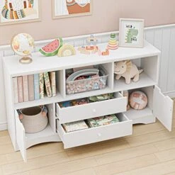 FOTOSOK 51.2" Large Toy Storage Organizer With 2 Drawers And 3 Cubbies, Toy Organizers And Storage For Books Or Dolls, Kids Bookshelf And Toy Storage For Playroom, Storage Cabinet For Nursery, White -Safavieh Furniture 51kuL90WlpL