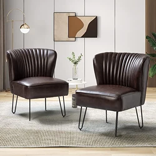 HULALA HOME Faux Leather Accent Chairs Set Of 2 With Metal Base, Mid Century Modern Living Room Chairs, Comfy Upholstered Armless Side Chairs For Bedroom, Camel 8 HULALA HOME Faux Leather Accent Chairs Set Of 2 With Metal Base, Mid Century Modern Living Room Chairs, Comfy Upholstered Armless Side Chairs For Bedroom, Camel - Image 8