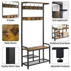 Topeakmart Hall Tree With Storage Bench, Vintage Coat Rack With Top Shelf &23 Hooks, For Hallway Living Room Bedroom, Metal Frame, Rustic Brown -Safavieh Furniture 51l2StiwhnL