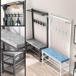Entryway Bench With Coat Rack, Hall Tree With Bench And Shoe Storage, 2-Tier Storage Shelf And 7 Hooks Removable, Industrial Accent Furniture With Steel Frame ( Metal : White , Size : 31.5"W X 13"D X 13 Entryway Bench With Coat Rack, Hall Tree With Bench And Shoe Storage, 2-Tier Storage Shelf And 7 Hooks Removable, Industrial Accent Furniture With Steel Frame ( Metal : White , Size : 31.5"W X 13"D X -Safavieh Furniture 51l3DEOpnfL