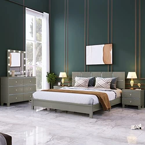 3 Pieces Platform Bed Set, Solid Wood Bedroom Sets With King Size Platform Bed, 6 Drawers Dresser And Nightstand (Milky White) 10 3 Pieces Platform Bed Set, Solid Wood Bedroom Sets With King Size Platform Bed, 6 Drawers Dresser And Nightstand (Milky White) - Image 10