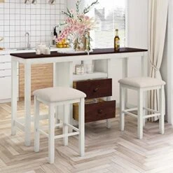 LZ LEISURE ZONE Dining Table Set For 2, Farmhouse Rustic 3-Piece Counter Height Set, Wood Dining Room Table Set With 2 Storage Drawers And 2 Stools For Small Places, White+Brown