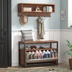 Tribesigns Coat Rack Shoe Bench Set, Hall Tree With Shoe Bench, Rustic Shoe Storage Bench With Flip Drawer, Storage Cubbies, 7 Hooks For Entryway, Hallway, White/Rustic Brown -Safavieh Furniture 51lNGSq48PL