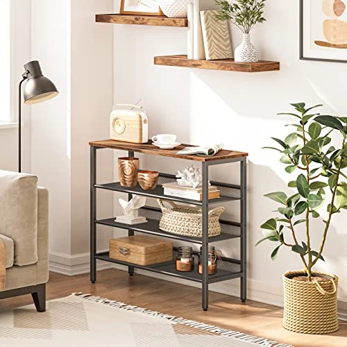 HOOBRO Industrial Shoe Rack, 4-Tier Shoe Shelf, Storage Organizer Unit With 3 Mesh Shelves, Wood Look Accent Furniture With Metal Frame, For Entryway, Living Room, Hallway BF14XJ01 2 HOOBRO Industrial Shoe Rack, 4-Tier Shoe Shelf, Storage Organizer Unit With 3 Mesh Shelves, Wood Look Accent Furniture With Metal Frame, For Entryway, Living Room, Hallway BF14XJ01 - Image 2