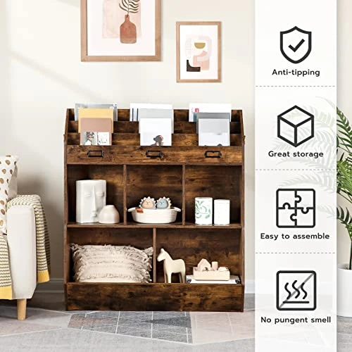 HOOBRO Kids Bookshelf, Toy Organizers And Storage, Bookshelf For Kids, 5 Compartments And 3-Layer Shelves, Bookcase Footboard, For Game Room, Playroom, Nursery, School, Rustic Brown FG34CW01 5 HOOBRO Kids Bookshelf, Toy Organizers And Storage, Bookshelf For Kids, 5 Compartments And 3-Layer Shelves, Bookcase Footboard, For Game Room, Playroom, Nursery, School, Rustic Brown FG34CW01 - Image 5