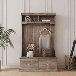 3-in-1 Entryway Hall Tree With Bench, Coat Rack Shoe Bench With 6 Double Hooks & 2 Drawers For Hallway, Living Room, White -Safavieh Furniture 51lbNs ExEL. AC