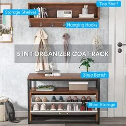 Tribesigns Coat Rack Shoe Bench Set, Hall Tree With Shoe Bench, Rustic Shoe Storage Bench With Flip Drawer, Storage Cubbies, 7 Hooks For Entryway, Hallway, White/Rustic Brown -Safavieh Furniture 51ljaL0gBOL