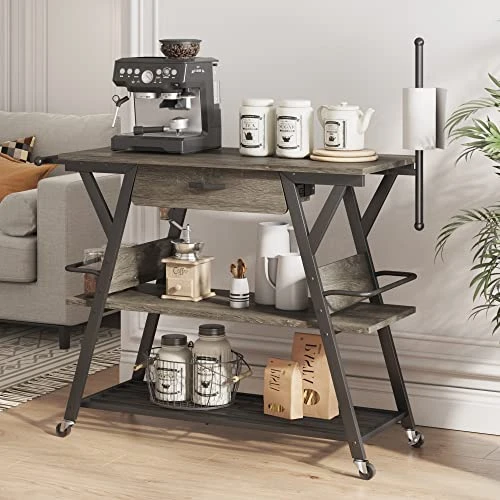 Bestier Coffee Bar Station, Kitchen Island Cart With Storage, Coffee Cart With Drawer, Paper Towel Holder And Lockable Wheels, Bar Table For Dinning Room Living Room, Gray 2 Bestier Coffee Bar Station, Kitchen Island Cart With Storage, Coffee Cart With Drawer, Paper Towel Holder And Lockable Wheels, Bar Table For Dinning Room Living Room, Gray - Image 2