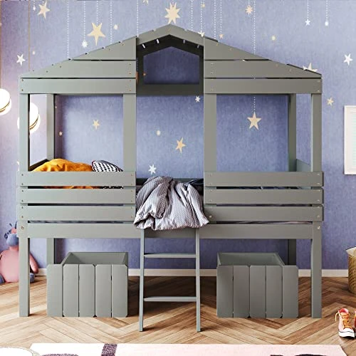 BIADNBZ Kids Low Loft Twin Size Wood House Beds Frame With 2 Drawers Windows And Roof For Boys Girls Teens, Space-Saving, Gray 3 BIADNBZ Kids Low Loft Twin Size Wood House Beds Frame With 2 Drawers Windows And Roof For Boys Girls Teens, Space-Saving, Gray - Image 3