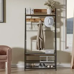 Cozy Castle Hall Tree With Shoe Bench For Entryway, 5-in-1 Design Coat Rack With Shoe Storage And DIY Hooks, Industrial Accent Clothes Rack With Metal Frame, Cushion Included, Rustic Brown -Safavieh Furniture 51lu3FTKyTL. AC