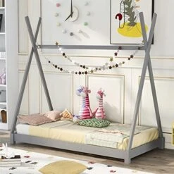 Harper & Bright Designs Kids House Bed With 2 Twin Platform Beds,Wooden Double Twin Beds With Triangular Roof And Built-in Table, 2 Beds In 1 For Girls Or Boys, No Box Spring Needed,Grey -Safavieh Furniture 51m19QMGgeL. AC