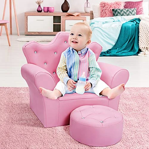 DORTALA Kids Sofa W/Ottoman, Pink Princess Couch W/Crown Shape & Embedded Crystal, PVC Leather Upholstered Armchair W/Solid Wooden Frame For Toddlers Girls, Lightweight Accent Chair, Pink 4 DORTALA Kids Sofa W/Ottoman, Pink Princess Couch W/Crown Shape & Embedded Crystal, PVC Leather Upholstered Armchair W/Solid Wooden Frame For Toddlers Girls, Lightweight Accent Chair, Pink - Image 4