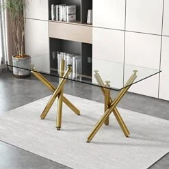 63 Inch Glass Dining Table With Clear Rectangular Glass Top, 4 Chrome Golden Legs Modern Rectangular Glass Kitchen Table Furniture For Home Office Kitchen Dining Room, 4-6 People -Safavieh Furniture 51mBR9o LBL. AC