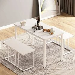 Soges Dining Table Set For 4, Kitchen Table Set With 2 Benches, Elegant Space-Saving Dining Room Furniture, 3 Pieces Breakfast Table Set Dining Table With Bench Dining Room Bench Set, White -Safavieh Furniture 51mF6E0mmgL