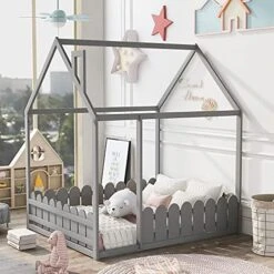 Designs Bed For Kids ,House Bed With Fence-Shaped Guardrails , Floor Twin Size Bed For Kids, Teens, Girls, Boys, Weight Capacity No Limit (Full,White) -Safavieh Furniture 51mJHm5rROS. AC