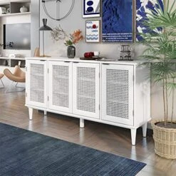 Bellemave Buffet Cabinet With 4 Rattan Doors Large Freestanding Sideboard Storage Cabinet Entryway Console Table For Living Room, Kitchen Dining Room, Entryway, White -Safavieh Furniture 51mKFQ7FtpL