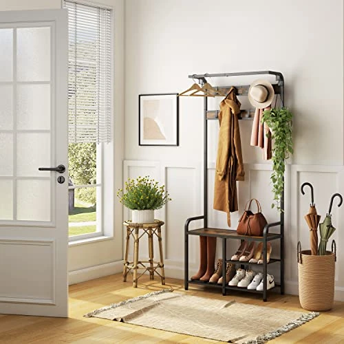 Tajsoon Coat Rack, Hall Tree With Bench And Shoe Storage, Coat Rack Shoe Bench, 3-in-1 Shoe Rack And Coat Rack For Entryway, 11.24 X 28.35 X 66.34 Inches, Metal, Rustic Brown And Black 2 Tajsoon Coat Rack, Hall Tree With Bench And Shoe Storage, Coat Rack Shoe Bench, 3-in-1 Shoe Rack And Coat Rack For Entryway, 11.24 X 28.35 X 66.34 Inches, Metal, Rustic Brown And Black - Image 2