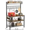 Bakers Rack With Power Outlet, 4-Tier Microwave Oven Stand, Coffee Bar Station With 10 Hooks, Large Kitchen Storage Shelf With Hutch, Rustic Brown