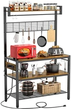 Bakers Rack With Power Outlet, 4-Tier Microwave Oven Stand, Coffee Bar Station With 10 Hooks, Large Kitchen Storage Shelf With Hutch, Rustic Brown -Safavieh Furniture 51mT4OsRJ0L. AC