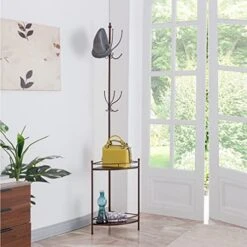 Kings Brand Furniture - Free Standing Metal Corner Coat & Hat Rack Stand, 12 Hooks 2 Shelves, Bronze