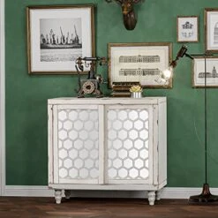 COSIEST Sideboard Buffet Cabinet, MDF Storage Cabinet With Mirrored Doors And Adjustable Shelf, Kitchen Cupboard Console Table With Sliding Doors For Dining Room, Hallway, Living Room, White -Safavieh Furniture 51mi01EJbxL