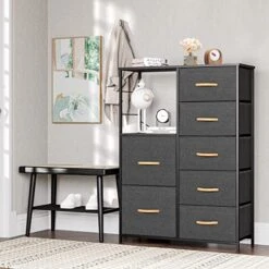 VredHom Fabric Dresser Storage Organizer, 7 Drawers Dresser With Shelves, Storage Dresser Fabric Storage Closets Storage Units Tower Steel Frame Wooden Top For Bedroom, Hallway, Nursery, Entryway