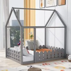 Full Size House Bed With Fence,Wood Toddler Floor Bed Frame With Roof For Kids, Teens, Girls, Boys,Easy Assembly,Grey -Safavieh Furniture 51mk4YlV85L. AC