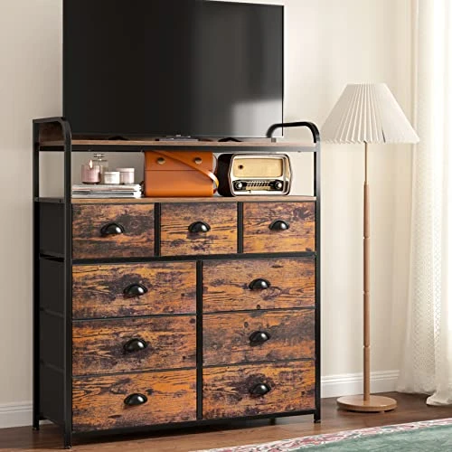 Enhomee Dresser For Bedroom, Chest Of Drawers For Bedroom,Tall Dresser With 9 Drawer Dresser,Fabric Dresser For Closet With Wood Top For Nursery,Living Room,Entryway,2 Shelves,Metal Frame,Rustic Brown 2 Enhomee Dresser For Bedroom, Chest Of Drawers For Bedroom,Tall Dresser With 9 Drawer Dresser,Fabric Dresser For Closet With Wood Top For Nursery,Living Room,Entryway,2 Shelves,Metal Frame,Rustic Brown - Image 2