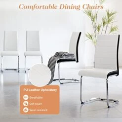 5 Pieces Dining Table And Chairs Set - Modern Round Dining Room Table With 4 Leather Chairs - Tempered Glass Table Top And Chrome Legs Kitchen Table Set For Small Space - White