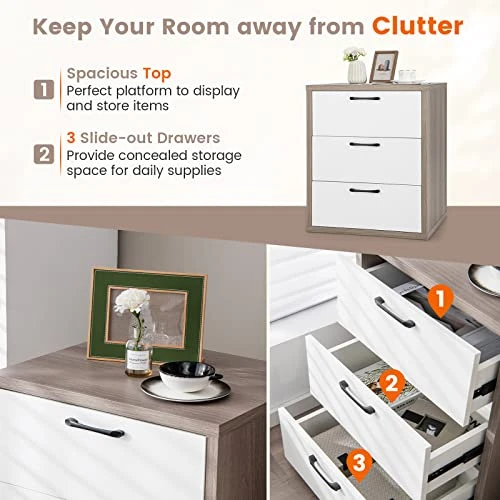 3-Drawer Dresser, Modern Chest Of Drawers, Floor Wooden Storage Organizer With 3 Pull-Out Drawers, Freestanding Utility Storage Cabinet For Living Room, Bedroom, Entryway, Study, Grey & White 4 3-Drawer Dresser, Modern Chest Of Drawers, Floor Wooden Storage Organizer With 3 Pull-Out Drawers, Freestanding Utility Storage Cabinet For Living Room, Bedroom, Entryway, Study, Grey & White - Image 4