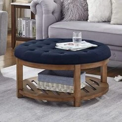 24KF Large Round Upholstered Tufted Linen Ottoman Coffee Table, Large Footrest Ottoman With Wood Shelf Storage- Navy Blue 22 24KF Large Round Upholstered Tufted Linen Ottoman Coffee Table, Large Footrest Ottoman With Wood Shelf Storage- Navy Blue -Safavieh Furniture 51n59cPmKBL. AC