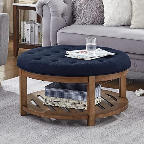 24KF Large Round Upholstered Tufted Linen Ottoman Coffee Table, Large Footrest Ottoman With Wood Shelf Storage- Navy Blue 1 24KF Large Round Upholstered Tufted Linen Ottoman Coffee Table, Large Footrest Ottoman With Wood Shelf Storage- Navy Blue