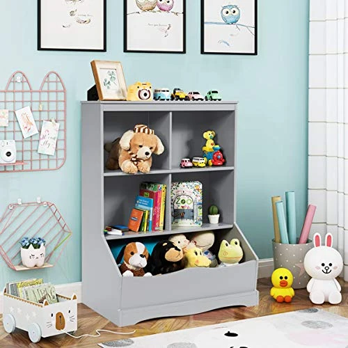 HONEY JOY Kids Toy Storage Organizer With Bookcase, 4-Cubby Organization Storage Cabinet W/Display Shelf, Wooden Toy Storage Unit For Playroom, Nursery Daycare(Gray) 2 HONEY JOY Kids Toy Storage Organizer With Bookcase, 4-Cubby Organization Storage Cabinet W/Display Shelf, Wooden Toy Storage Unit For Playroom, Nursery Daycare(Gray) - Image 2