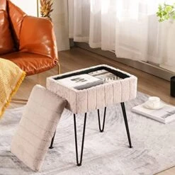 CUYOCA Vanity Stool Ottoman With Storage Bench, Faux Fur Stool For Vanity With Metal Legs, Makeup Chair Vanity Stool For Bedroom Living Room, White -Safavieh Furniture 51nE10GeQDL. AC