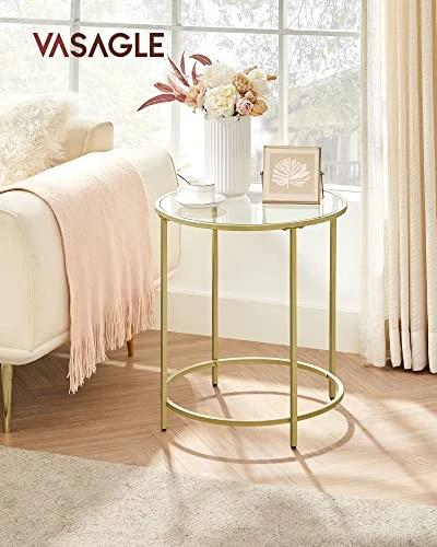 VASAGLE Round Side Table, Glass End Table With Metal Frame, Gold Coffee Table With Modern Style For Living Room, Balcony, Bedroom 2 VASAGLE Round Side Table, Glass End Table With Metal Frame, Gold Coffee Table With Modern Style For Living Room, Balcony, Bedroom - Image 2