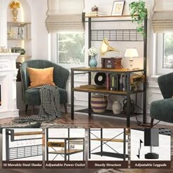 Bakers Rack With Power Outlet, 4-Tier Microwave Oven Stand, Coffee Bar Station With 10 Hooks, Large Kitchen Storage Shelf With Hutch, Rustic Brown -Safavieh Furniture 51nVWjYvNhL