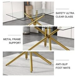 63 Inch Glass Dining Table With Clear Rectangular Glass Top, 4 Chrome Golden Legs Modern Rectangular Glass Kitchen Table Furniture For Home Office Kitchen Dining Room, 4-6 People -Safavieh Furniture 51ndS2Yn0TL