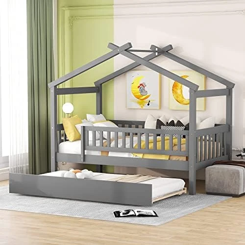 DEINPPA Full House Bed With Trundle, Kids Bed With Fence Guardrails, Wood Bed Frame, Decorative Roof Designs, No Box Spring Needed, For Boys Girls Toddler Kids-Walnut 13 DEINPPA Full House Bed With Trundle, Kids Bed With Fence Guardrails, Wood Bed Frame, Decorative Roof Designs, No Box Spring Needed, For Boys Girls Toddler Kids-Walnut - Image 13