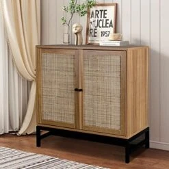Pvillez Modern Storage Cabinet With Natural Rattan Doors, Sideboard Buffet Cabinet With Storage, Adjustable Shelves, Rattan Cabinet Console Table For Living Room, Dining Room, Entryway, White -Safavieh Furniture 51nhYozkuML. AC