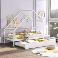Tensun Full Size Wooden House Bed With Roof For Toddlers,Kids,Girls, Boys, Bedroom Children Full Floor Bed Frame,No Box Spring Needed,White -Safavieh Furniture 51nlf1lwqqL. AC