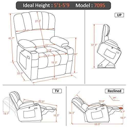 MCombo Electric Power Lift Recliner Chair Sofa With Massage And Heat For Elderly, Extended Footrest, Hand Remote Control, Cup Holders, USB Ports, 2 Side Pockets, Fabric 7095 5 MCombo Electric Power Lift Recliner Chair Sofa With Massage And Heat For Elderly, Extended Footrest, Hand Remote Control, Cup Holders, USB Ports, 2 Side Pockets, Fabric 7095 - Image 5