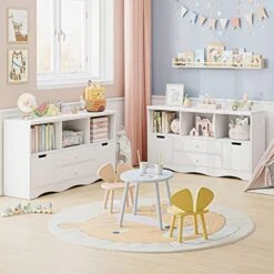 FOTOSOK 51.2" Large Toy Storage Organizer With 2 Drawers And 3 Cubbies, Toy Organizers And Storage For Books Or Dolls, Kids Bookshelf And Toy Storage For Playroom, Storage Cabinet For Nursery, White -Safavieh Furniture 51npwPvoFsL
