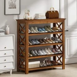 Bamworld Entryway Bench 5 Tier Wooden Storage Benches Rustic Solid Wood Shoe Rack (X-Brown,23.6") -Safavieh Furniture 51nt745HErL. AC