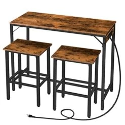 HOOBRO Bar Table Set With Power Outlet, Bar Table And Chairs Set, 3-Piece Dining Table Set, Industrial Breakfast Table Set, For Living Room, Dining Room, Game Room, Rustic Brown And Black BF45UBT01
